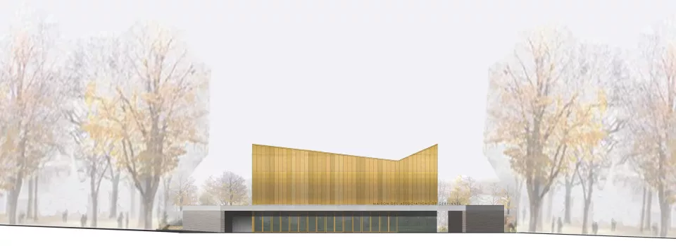 Lrarchitectes Maison des associations salle culturelle brique tôle aluminium dorée Sainte Rolende architecture contemporaine Gerpinnes Charleroi Hainaut